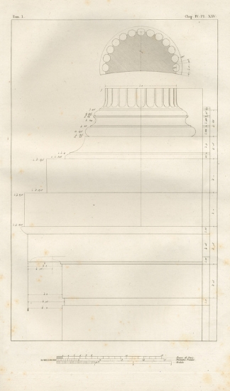 Κάτοψη ημικίονα, όψη της βάσης του και τμήμα της όψης της τετράγωνης βάσης του Χορηγικού Μνημείου του Λυσικράτη (Φανάρι του Διογένη).