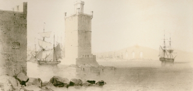 Άποψη του πύργου του Ναϊγιάκ στο λιμάνι της Ρόδου. Ο πύργος αυτός υψώθηκε την εποχή του Μεγάλου Μαγίστρου του Τάγματος των Ιπποτών του Αγίου Ιωάννη, Φιλιμπέρ ντε Ναϊγιάκ (αρχές 15ου αι.), και βρισκόταν δίπλα από την Πύλη του Αγίου Παύλου. Κατακρημνίστηκε στα μέσα του 19ου αιώνα.