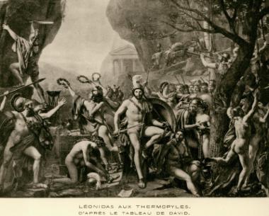 Ο Λεωνίδας στη μάχη των Θερμοπυλών [απόδοση του πίνακα του Ζ.Λ. Νταβίντ (J.L. David)].