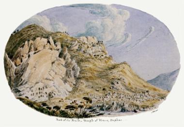 Ο βράχος της Ποικίλης και τα ερείπια του ιερού της Αφροδίτης εν Κήποις στο Δαφνί.