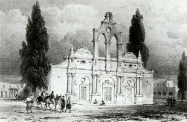 Η εκκλησία και το προαύλιο της μονής Αρκαδίου. Από την έκδοση: Robert Pashley, Travels in Crete, Λονδίνο 1834.