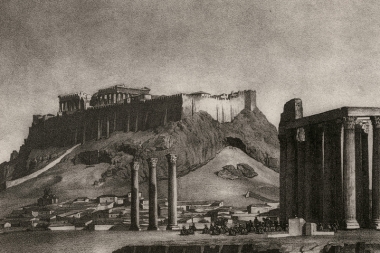 Ο ναός του Ολυμπίου Διός και η Ακρόπολη. Χαλκογραφία του Louis Dupré.
