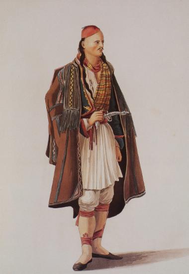 Αλβανός από τα Ιωάννινα. Έγχρωμη χαλκογραφία του J. Cartwright.