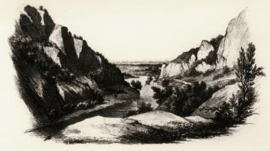 Ο Πηνειός και η κοιλάδα των Τεμπών. Λιθογραφία του Louis Dupré.