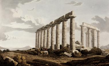 Ο ναός του Ποσειδώνα στο Σούνιο. Χαλκογραφία από έκδοση του Ed. Dodwell.