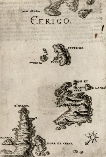 Χάρτης των Κυθήρων και των Αντικυθήρων, με το ακρωτήριο Ταίναρο και την Ελαφόνησο.