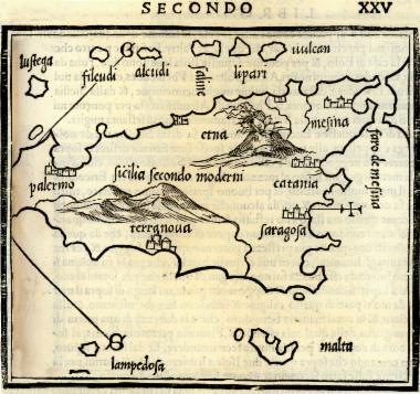 Χάρτης της Σικελίας σύμφωνα με μεταγενέστερους του Πτολεμαίου γεωγράφους.