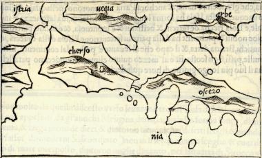 Χάρτης των νήσων Κρες και Λοσίνι, στον οποίο σημειώνεται επίσης η Ίστρια, και οι νήσοι Κρκ και Ραμπ.