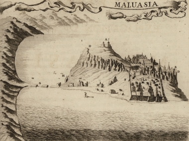 Άποψη της Μονεμβάσιας, όπου επισημαίνονται σημεία στρατηγικής σημασίας για την πολιορκία της πόλης από τους Βενετούς το 1685.