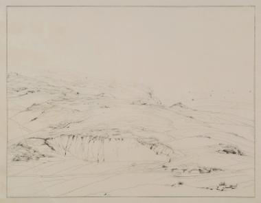 Σχέδιο: Η θέα νότια από τον Λόφο των Μουσών. Στο βάθος διακρίνονται τα βουνά της Αργολίδας.