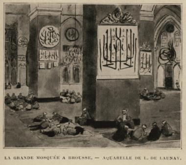 Το εσωτερικό του Μεγάλου Τζαμιού (Ουλού Τζαμί) στην Προύσα – Υδατογραφία του Louis de Launay.