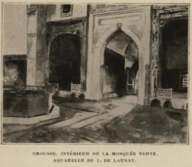 Το εσωτερικό του Τεμένους του Μωάμεθ Α΄ Τζελεμπή (ή Πράσινου Τζαμιού) στην Προύσα. Υδατογραφία του Louis de Launay.