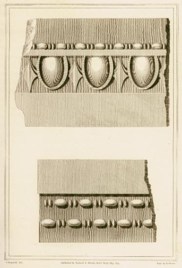 Αρχιτεκτονικά μέλη από το ιερό της Δήμητρας στην Ελευσίνα. Το ένα με λεσβιακό κυμάτιο (ωοειδή σχήματα εναλλασσόμενα με λόγχες) και αστραγάλους και το άλλο με αστραγάλους (ημιωοειδή στοιχεία εναλλάξ με φακοειδή πλακίδια).