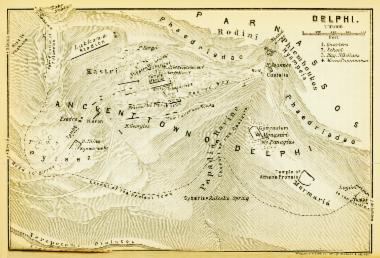 Τοπογραφικό σχεδιάγραμμα του αρχαιολογικού χώρου των Δελφών.