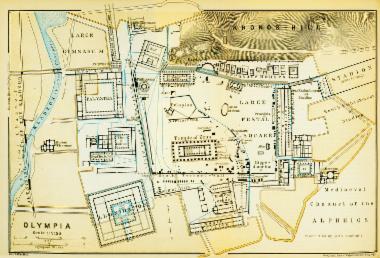 Τοπογραφικό σχεδιάγραμμα του αρχαιολογικού χώρου της Ολυμπίας.