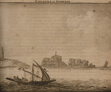 Άποψη του Κίονα του Πομπηίου με βάση προγενέστερο σχέδιο καθότι την εποχή του ταξιδιού του Le Bruyn ο κίονας είχε πλέον καταστραφεί.
