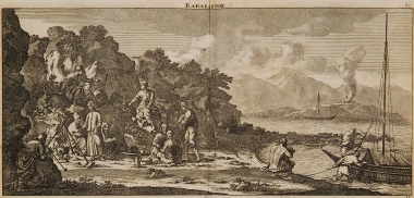 Η συνάντηση του Le Bruyn με ντόπιους ψαράδες στην τοποθεσία Μπαμπαμπουρνού απέναντι από τη Λέσβο. Στο βάθος διακρίνεται η Λέσβος με το κάστρο του Μολύβου (Α).