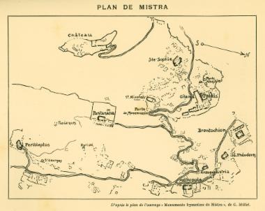 Χάρτης του Μυστρά, από την έκδοση : Gabriel Millet, «Monuments byzantins de Mistra».