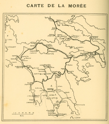 Χάρτης της Πελοποννήσου, της Αττικής και της Βοιωτίας με τις τοποθεσίες που επισκέφτηκε ο Φραντσέσκο Περιλά (Francesco Perilla).