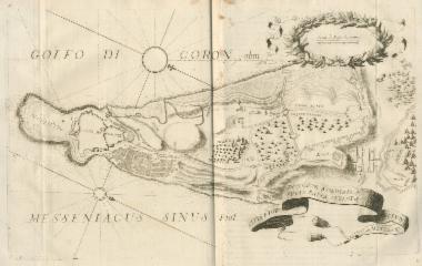 Χάρτης της πεδιάδας της Κορώνης με τις θέσεις των στρατευμάτων κατά την πολιορκία της Κορώνης από τους Βενετούς το 1685.
