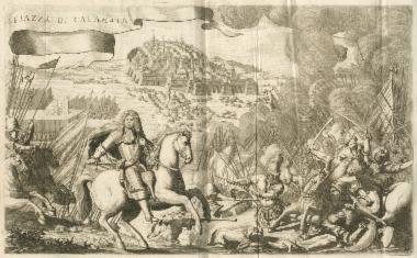 Η μάχη μεταξύ του βενετικού στρατού και των Οθωμανών στην πεδιάδα της Καλαμάτας το 1685. Στο βάθος, η πόλη της Καλαμάτας. Ο έφιππος άντρας είναι κατά πάσα πιθανότητα ο επικεφαλής των στρατευμάτων στρατηγός Ντέγκενφελντ.