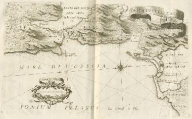 Χάρτης των ακτών της Ηπείρου και τμήματος της Λευκάδας, στον οποίο σημειώνονται τα κάστρα της Πρέβεζας και της Αγίας Μαύρας στη Λευκάδα.