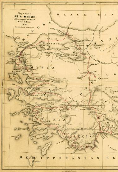 Χάρτης μέρους της Μικράς Ασίας όπου καταγράφεται η διαδρομή του Τσάρλς Φέλοους (Charles Fellows) το 1838.
