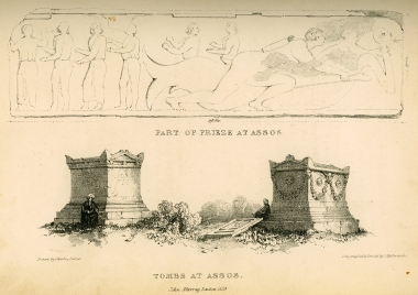 Τμήμα της ζωφόρου από τον ναό της Αθηνάς στην Άσσο. Σαρκοφάγοι στην Άσσο.