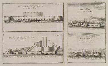 Όψη και τομή των Κάστρων Σουλτανιγιέ (επάνω) και Κιλίτ Μπαχίρ (κάτω) στην ασιατική και την ευρωπαϊκή ακτή του Ελλησπόντου.