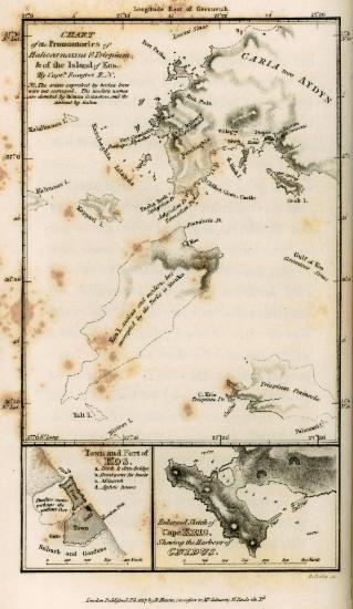 Χάρτης των ακρωτηρίων της Αλικαρνασσού και του Τριοπίου και της νήσου Κω. Σχεδιάγραμμα της πόλης και του φρουρίου της Κω. Τοπογραφικό σχεδιάγραμμα της περιοχής του ακρωτηρίου Κριός και του λιμανιού της αρχαίας Κνίδου.