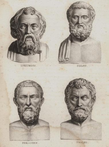 Προτομές αρχαίων Ελλήνων πολιτικών και ενός φιλοσόφου : Λυκούργος ο Λακεδαιμόνιος, Σόλων ο Αθηναίος, Περίανδρος ο Κορίνθιος και Θαλής ο Μιλήσιος.