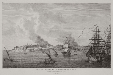 Άποψη της πόλης και του κάστρου της Κορώνης που πολιορκήθηκε από τους Ρώσους το 1770.