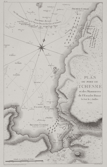 Χάρτης του λιμανιού της Κρήνης (σήμερα Τσεσμέ) όπου επισημαίνονται οι ελιγμοί του ρωσικού στόλου κατά τη ναυμαχία της 7ης Ιουλίου 1770.