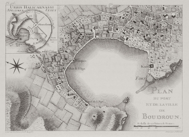 Τοπογραφικός χάρτης της Αλικαρνασσού (σήμερα Μπόντρουμ) με ένθετο σχέδιο της αρχαίας πόλεως.