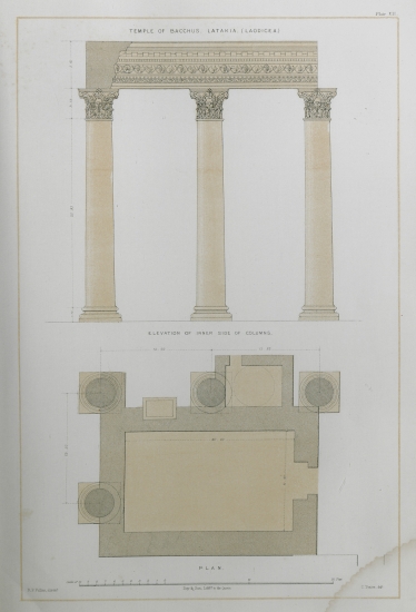 Όψη της εσωτερικής πλευράς της κιονοστοιχίας και κάτοψη του Ναού του Διονύσου στη Λαοδίκεια την Πάραλο, σήμερα Λατάκεια της Συρίας.