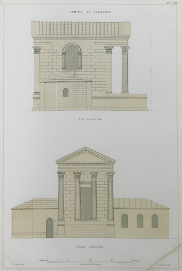 Αναπαράσταση των όψεων του ρωμαϊκού ναού του Δία κοντά στο χωριό Ερνάγινα-Βερνέγκ της Προβηγκίας, στον οποίο αργότερα προστέθηκε το ρωμανικού ρυθμού παρεκκλήσιο του Αγίου Καισάριου.