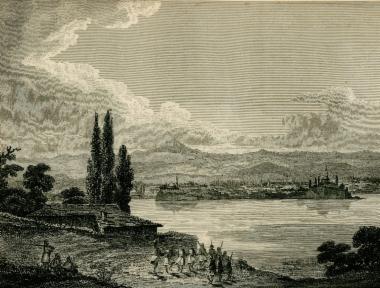Άποψη των Ιωαννίνων από το Νησί στη λίμνη Παμβώτιδα.