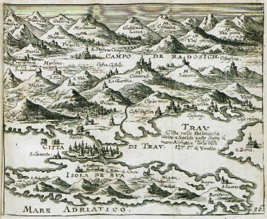 Χάρτης της πόλης Τρογκίρ (η αρχαία Τραγύριον) στο νησί Τσιόβο (Čiovo), και των γειτονικών περιοχών της Δαλματίας.