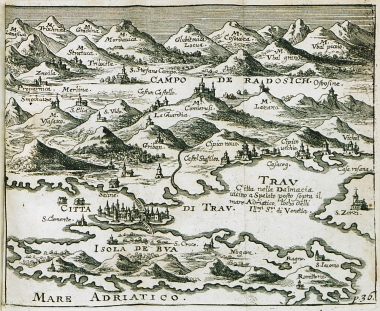 Χάρτης της πόλης Τρογκίρ (η αρχαία Τραγύριον) στο νησί Τσιόβο (Čiovo), και των γειτονικών περιοχών της Δαλματίας.