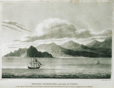 Το ακρωτήριο Τριόπιο και τα ερείπια της Κνίδου, όπως διακρίνονται από τα νοτιοδυτικά από απόσταση δύο λευγών, κατά τον διάπλου από την Κω προς τη Ρόδο.