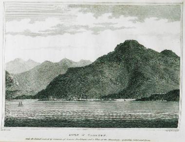 Άποψη του κόλπου της Μάκρης (σημερινό Φετχιγιέ). Διακρίνεται το ομώνυμο νησί με ερείπια και το όρος Κράγος που χωρίζει την Καρία από τη Λυκία.