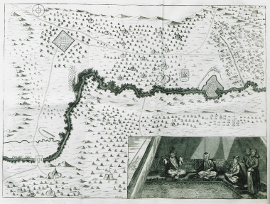 Η ανάπτυξη του ρωσικού και του οθωμανικού στρατού στη μάχη του Στανιλέστι κατά την εκστρατεία του Προύθου (1711). Οθωμανοί αξιωματούχοι συνεδριάζουν στη σκηνή τους.
