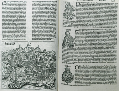 Άποψη της Γένοβας. Σοφοί της αρχαιότητας: Ο Θαλής, ο Σόλων και ο Χίλων.