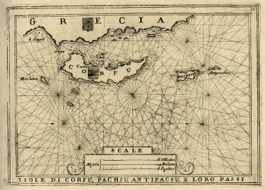 Χάρτης της Κέρκυρας, των Παξών και των Αντίπαξων με τις ακτές της Ηπείρου.