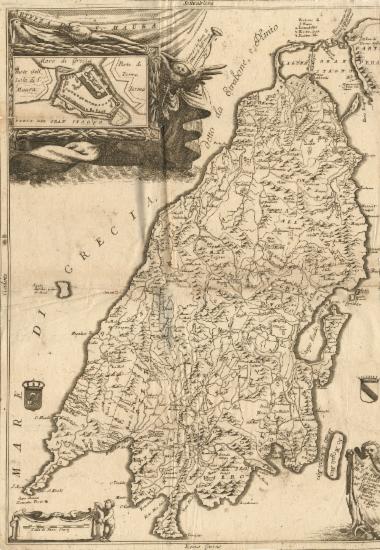 Χάρτης της Λευκάδας με κάτοψη του κάστρου της Αγίας Μαύρας.
