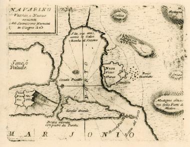 Χάρτης του όρμου της Πύλου με κάτοψη του Νιόκαστρου και του Παλαιόκαστρου.