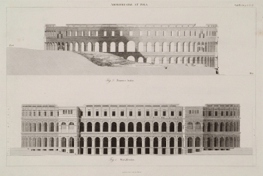 Το Ρωμαϊκό Αμφιθέατρο της Πόλα (Pula): Εικ. 1. Αναπαράσταση της δυτικής όψης. Εικ. 2. Εγκάρσια τομή.