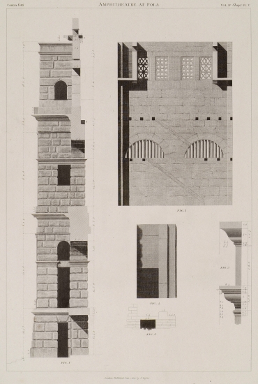 Το Ρωμαϊκό Αμφιθέατρο της Πόλα (Pula): Εικ. 1. Τομή εξωτερικού τοίχου. Εικ. 2. Κατά μήκος τομή του άνω τμήματος πλευρικού πύργου-αντηρίδας, όπου διακρίνονται ίχνη του κλιμακοστασίου. Εικ. 3. Εξωτερικά γείσα της κορυφής του πλευρικού πύργου-αντηρίδας . Εικ. 4 και 5. Σχέδιο και τομή του τοίχου που κύκλωνε την κονίστρα, σχηματίζοντας την εξέδρα.