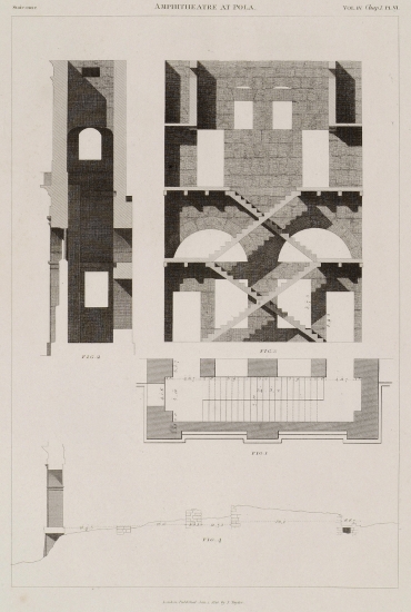 Το Ρωμαϊκό Aμφιθέατρο της Πόλα (Pula): Εικ. 1. Κάτοψη πύργου-αντηρίδας. Εικ. 2. Τομή εγκάρσια του πύργου-αντηρίδας. Εικ. 3. Τομή κατά μήκος του πύργου-αντηρίδας, με φανταστική αναπαράσταση του κλιμακοστασίου. Εικ. 4: Τομή του εξωτερικού τοίχου, των ερειπίων των κελιών και της εξέδρας.