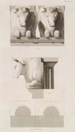 Αρχαιότητες από τη Δήλο. Κάτοψη κιόνων (εικ. 1), όψη (εικ. 2) και πλάγια όψη (εικ. 3) κεφαλών ταύρων από το Μνημείο με τους Ταύρους στη Δήλο.